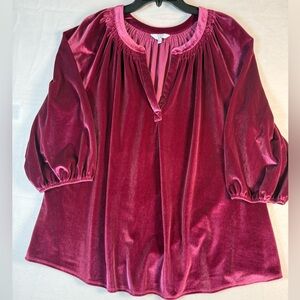 Crown & Ivy Festive Dark Pink V-Neck 3/4 Sleeve Velour Blouse Size 2X